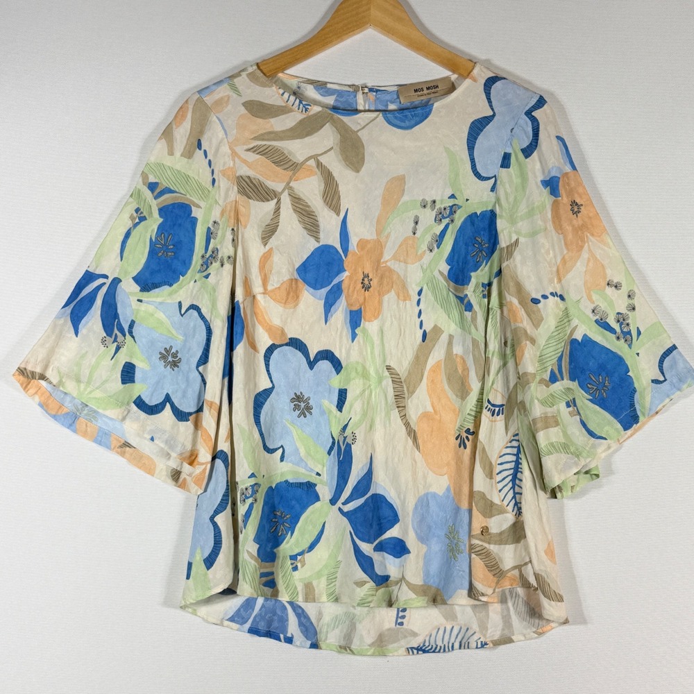 Mos Mosh Medium Floral Blouse Cream Blue‎ Womens Bell Sleeve Asian Boho Chic